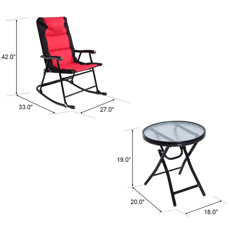 3 Pcs Outdoor Folding Rocking Chair Table Set with Cushion-Black&RedCostway Gallery View 4 of 11