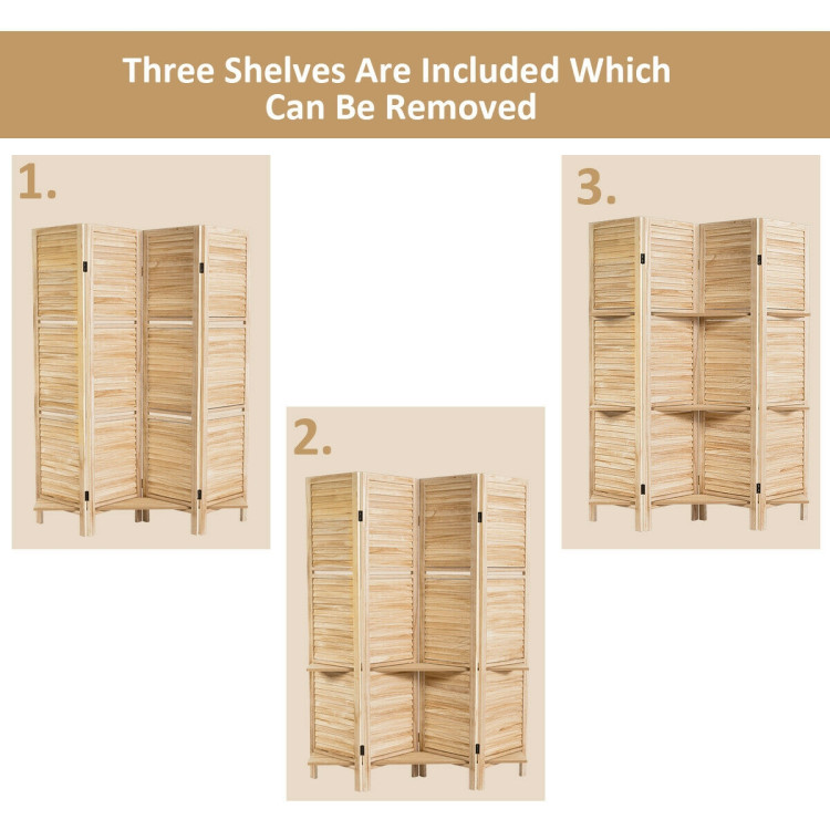 4 Panel Folding Room Divider Screen with 3 Display Shelves-BrownCostway Gallery View 9 of 12