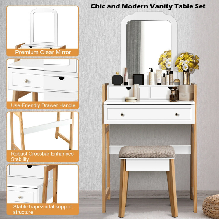 Vanity Table Set with Cushioned Stool and Large MirrorCostway Gallery View 8 of 12