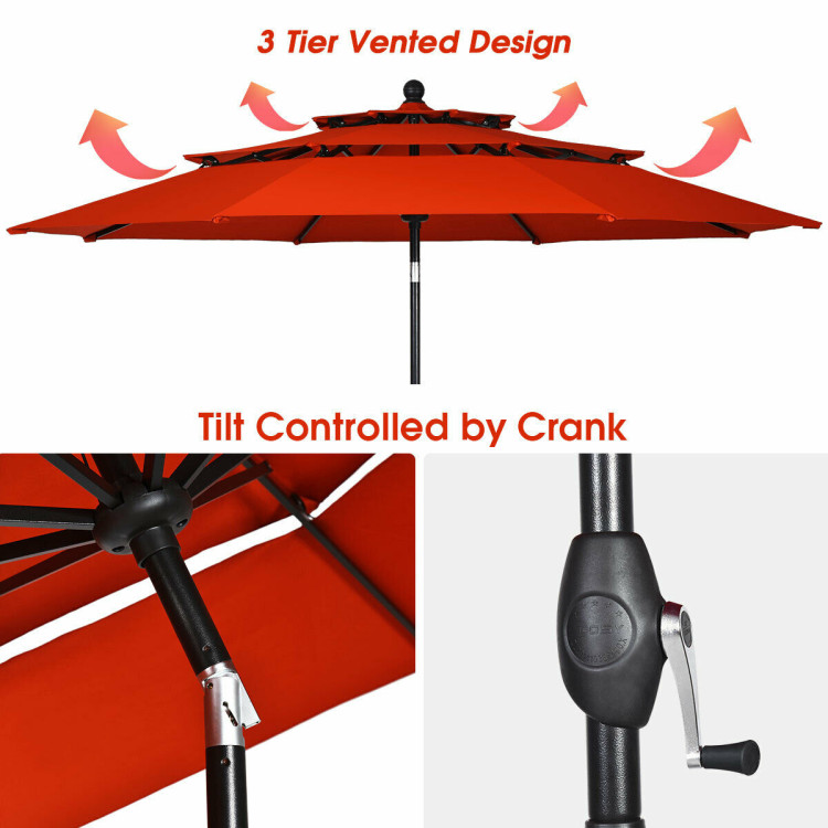 10ft 3 Tier Patio Umbrella Aluminum Sunshade Shelter Double Vented without Base-RedCostway Gallery View 8 of 12