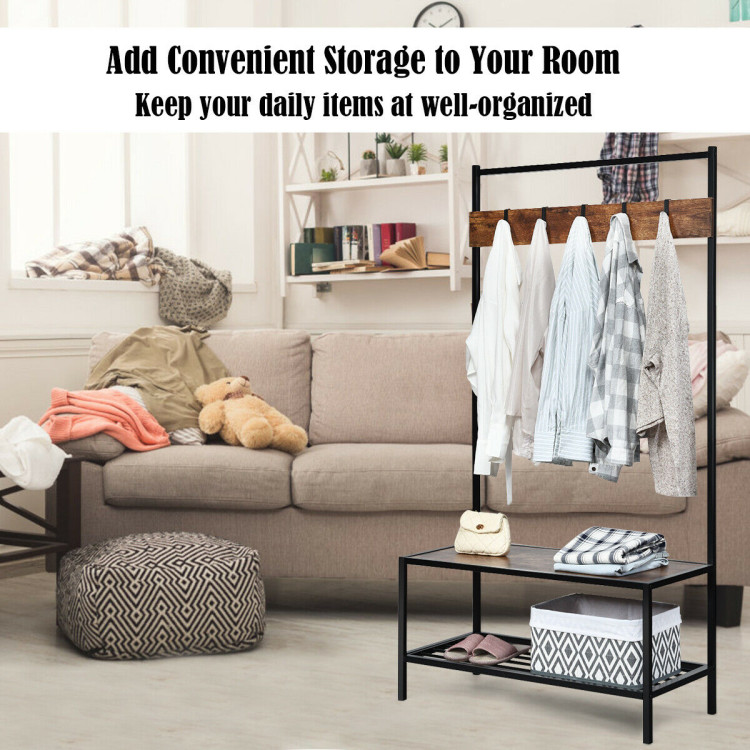 3-in-1 Industrial Coat Rack with 2-tier Storage Bench and 5 Hooks-BrownCostway Gallery View 8 of 10