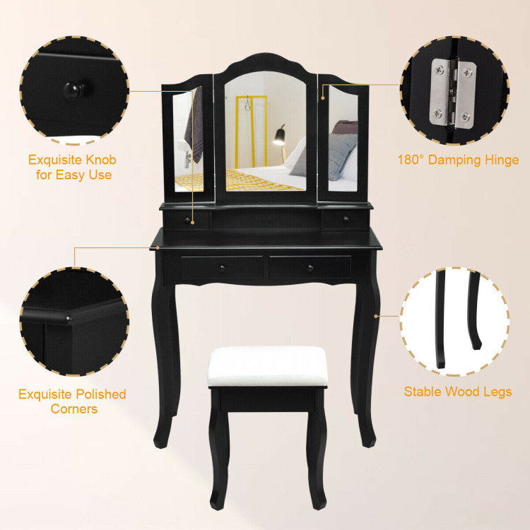 4 Drawers Wood Mirrored Vanity Dressing Table with Stool-BlackCostway Gallery View 8 of 12