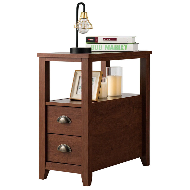 End Table Wooden with 2 Drawers and Shelf Bedside Table-BrownCostway Gallery View 4 of 11