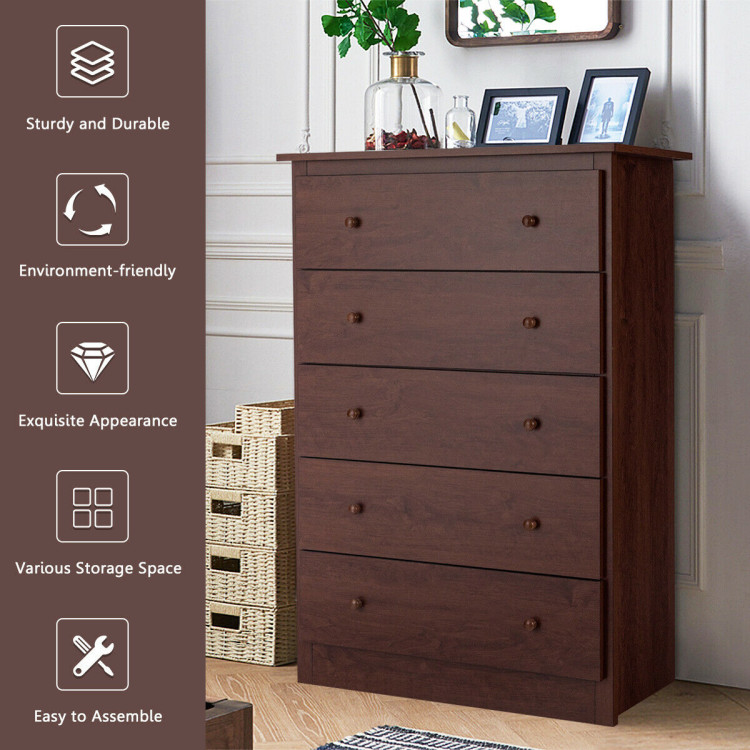 Functional Storage Organized Dresser with 5 Drawer-BrownCostway Gallery View 2 of 12