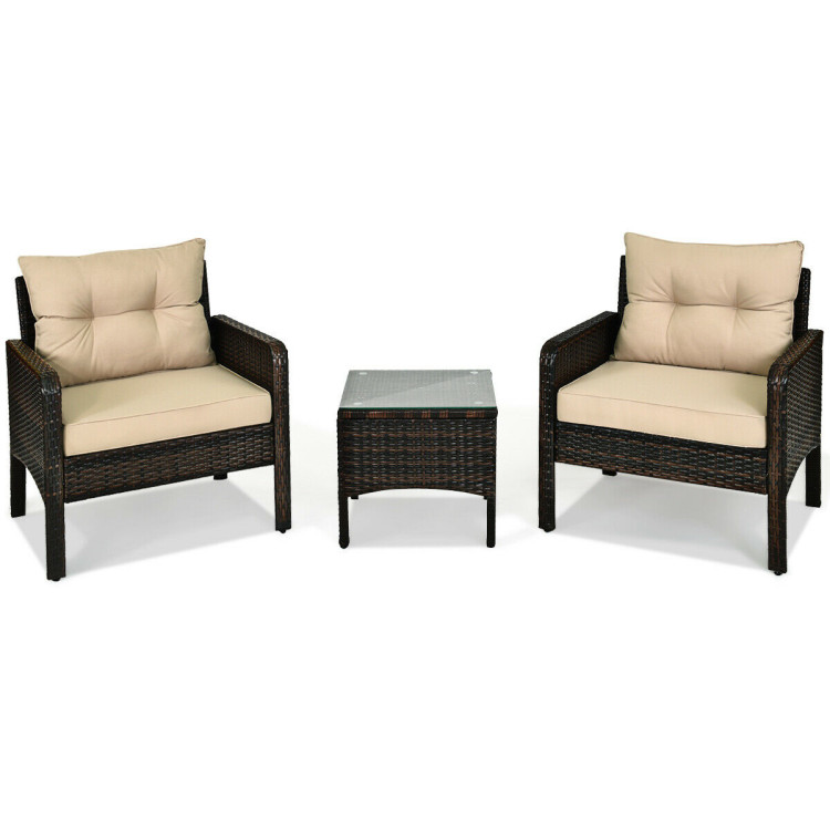 3 Pieces Outdoor Patio Rattan Conversation Set with Seat Cushions-BeigeCostway Gallery View 7 of 11