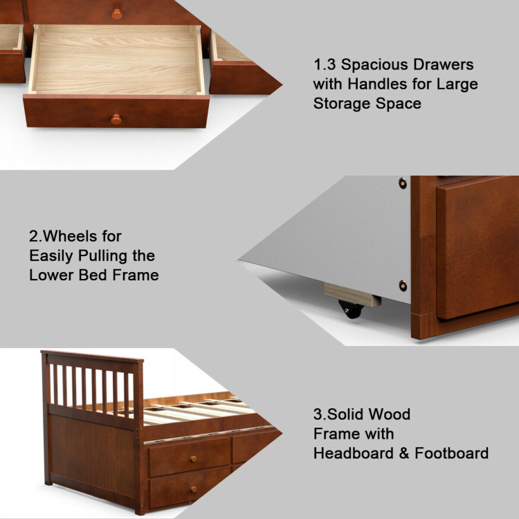 Twin Captain’s Bed with Trundle and 3 Storage Drawers-WalnutCostway Gallery View 5 of 12