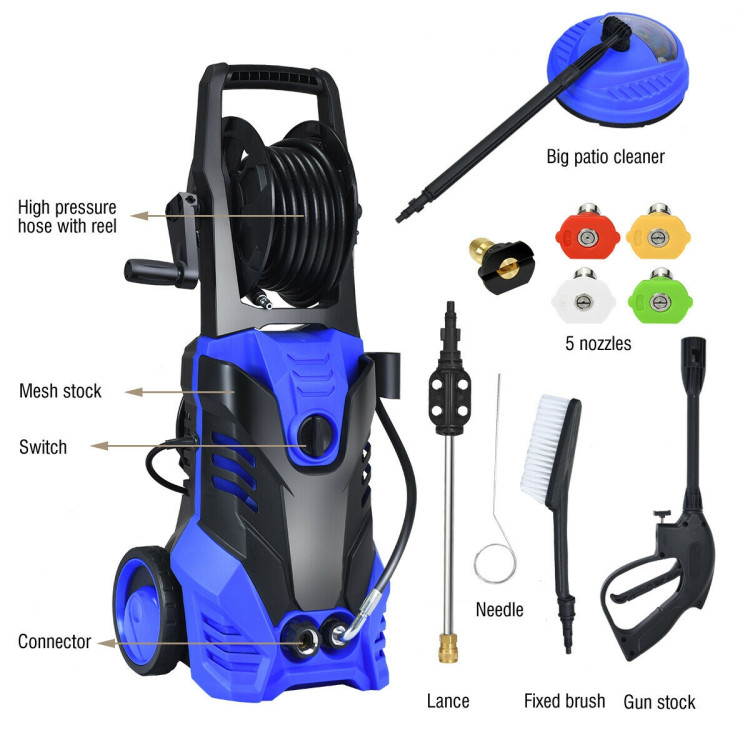 3000 PSI Electric High Pressure Washer with 5 Nozzles and Hose Reel -  Costway