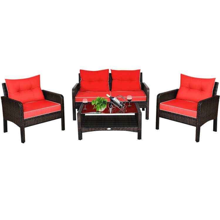 4 Pieces Outdoor Rattan Wicker Loveseat Furniture Set with Cushions-RedCostway Gallery View 6 of 9
