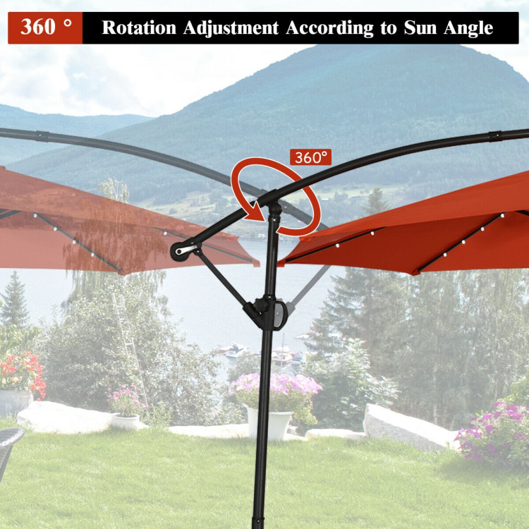10 ft 360° Rotation Solar Powered LED Patio Offset Umbrella without Weight Base-OrangeCostway Gallery View 11 of 12