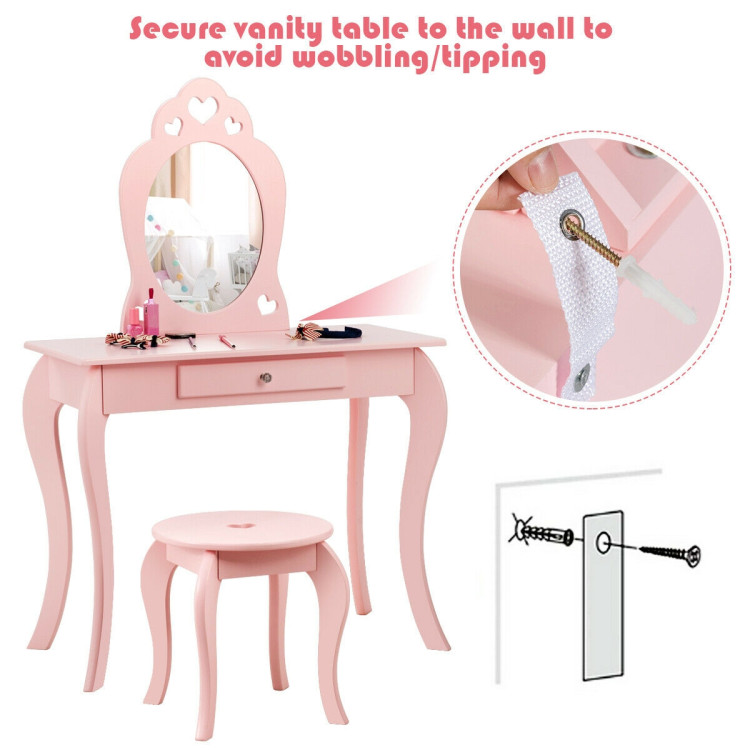 Kids Princess Makeup Dressing Play Table Set with Mirror -PinkCostway Gallery View 5 of 12