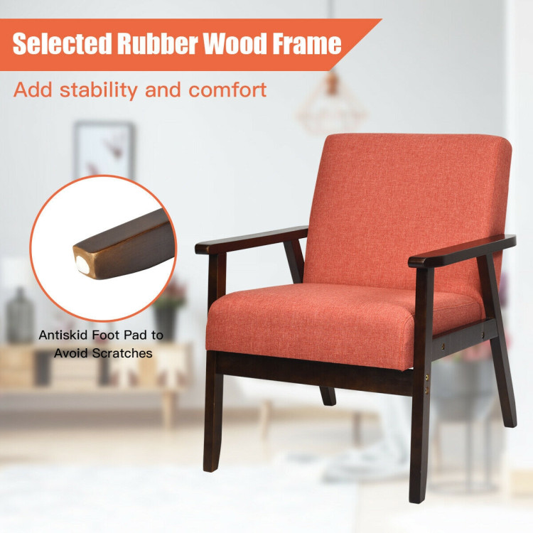 Solid Rubber Wood Fabric Accent Armchair-OrangeCostway Gallery View 9 of 11