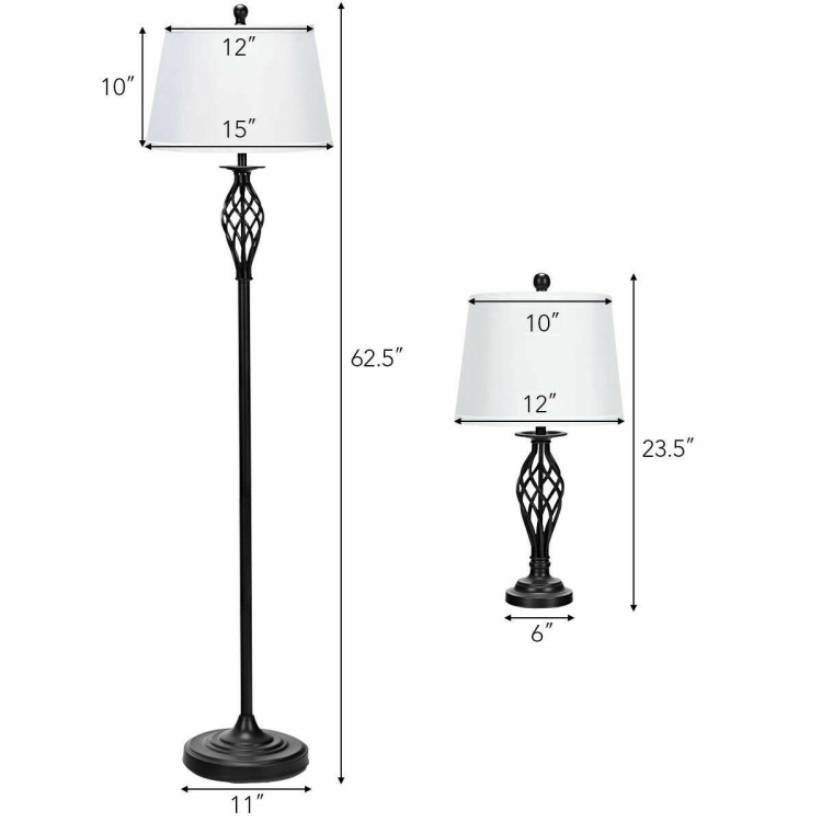 2 Table Lamps 1 Floor Lamp Set with Fabric ShadesCostway Gallery View 4 of 9