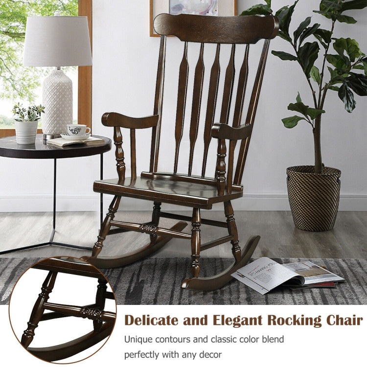 Rocking Chair with Solid Wooden Frame for Garden and Patio-BrownCostway Gallery View 11 of 12