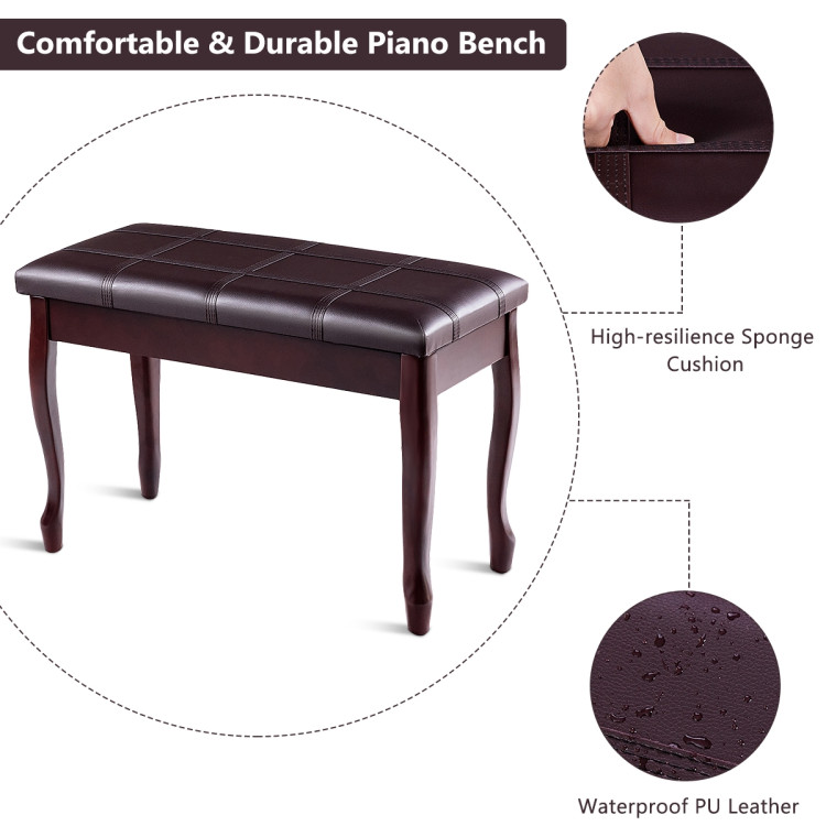 Solid Wood PU Leather Piano Bench with Storage-BrownCostway Gallery View 8 of 10