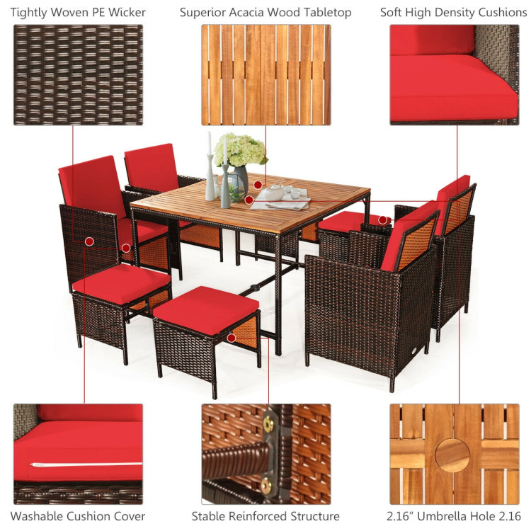 9 Pieces Patio Rattan Dining Cushioned Chairs Set-RedCostway Gallery View 5 of 11
