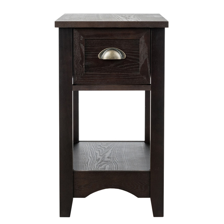 2 Pieces Retro Narrow Tiered End Table with Drawer and Storing Shelf-BrownCostway Gallery View 8 of 10