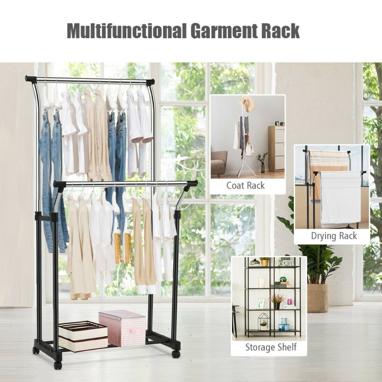 Double Rail Adjustable Clothing Garment Rack with Wheels - Costway