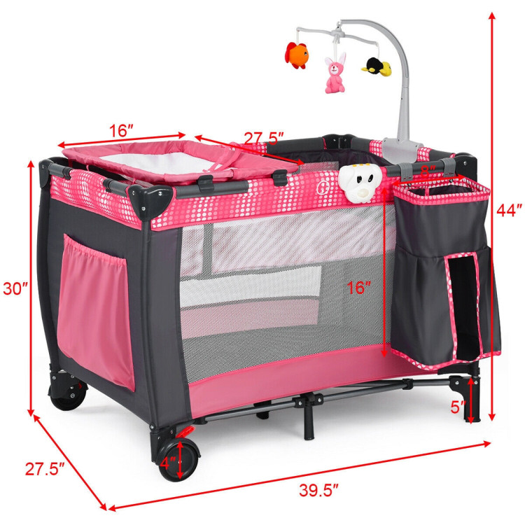 Foldable Travel Baby Crib Playpen Infant Bassinet Bed with Carry Bag-PinkCostway Gallery View 4 of 8