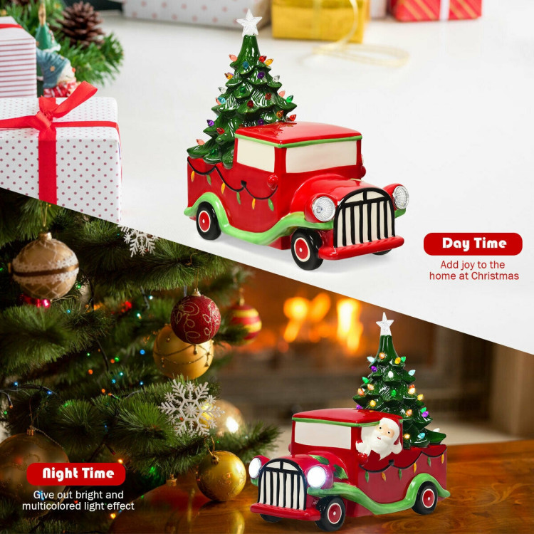 Pre-Lit Vintage Tabletop Ceramic Christmas Tree Truck with BatteryCostway Gallery View 10 of 11