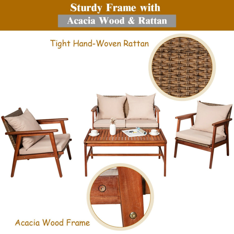 4 Pieces Acacia Wood Patio Rattan Furniture Set with Zippered Cushions - Gallery View 8 of 9