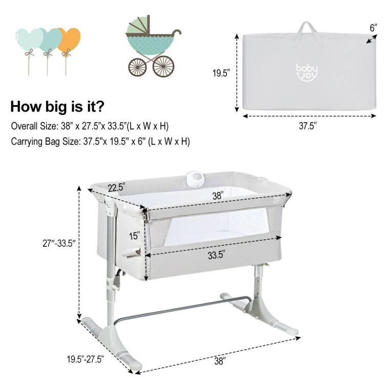 Height Adjustable Baby Side Crib  with Music Box & Toys-Light GrayCostway Gallery View 4 of 10