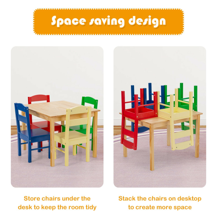 5 pcs Kids Pine Wood Multicolor Table Chair Set Costway Gallery View 10 of 12