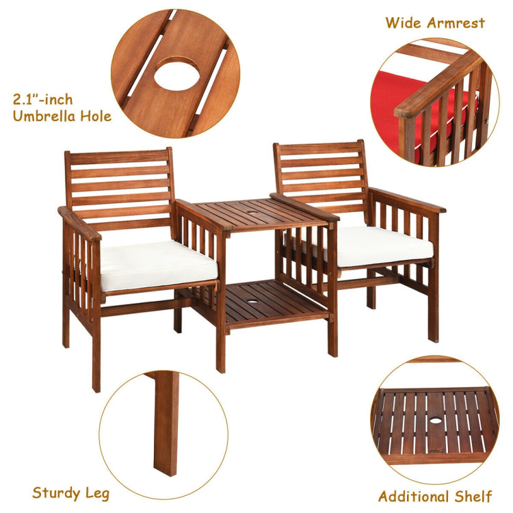 3 pcs Outdoor Patio Table Chairs Set Acacia Wood Loveseat-WhiteCostway Gallery View 11 of 11
