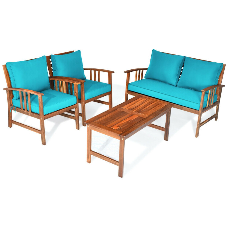 4 Pieces Wooden Patio Furniture Set Table Sofa Chair Cushioned GardenCostway Gallery View 10 of 10