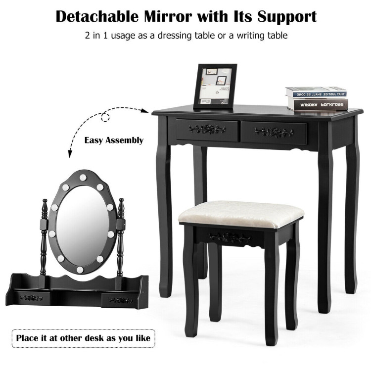 Makeup Vanity Dressing Table Set with Dimmable Bulbs Cushioned Stool-BlackCostway Gallery View 5 of 12