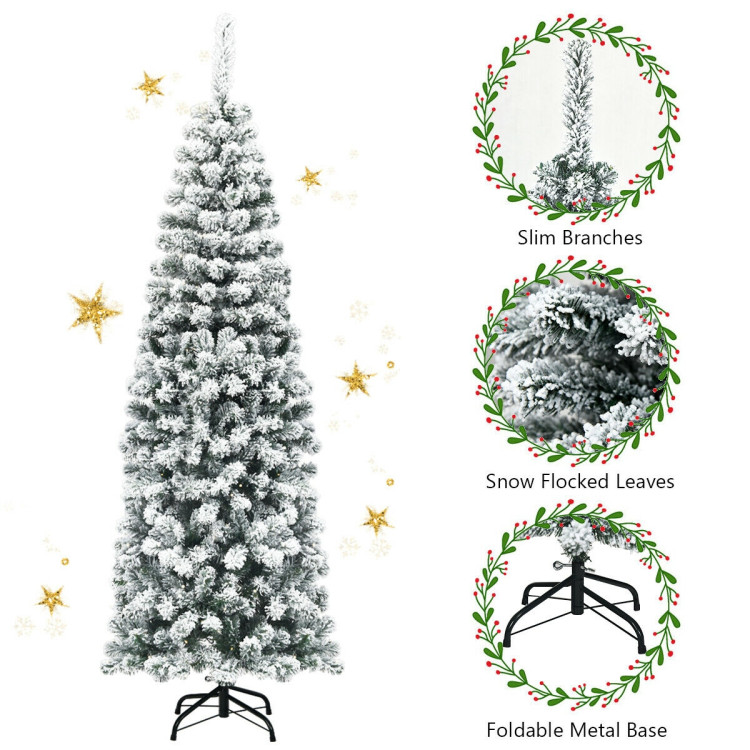 6 Feet Unlit Hinged Snow Flocked Artificial Pencil Christmas Tree with 500 Branch TipCostway Gallery View 10 of 10