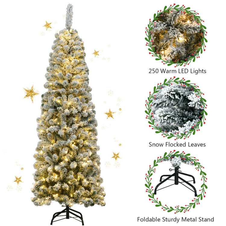 6 Feet Pre-lit Snow Flocked Artificial Pencil Christmas Tree with 250 LED LightsCostway Gallery View 5 of 13