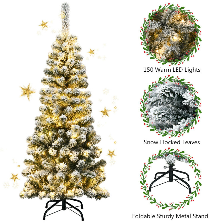 4.5 Feet Pre-Lit Snow Flocked Pencil Christmas Tree with 150 LED LightCostway Gallery View 5 of 9