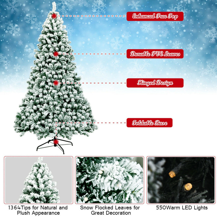 7.5 Feet Pre-Lit Premium Snow Flocked Hinged Artificial Christmas Tree with 550 LightsCostway Gallery View 10 of 11