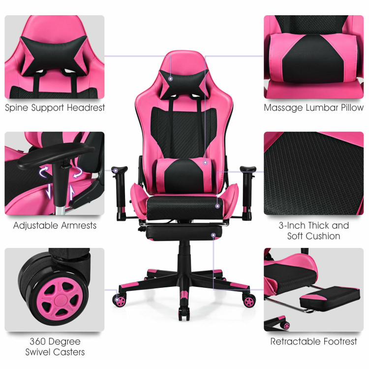 PU Leather Gaming Chair with USB Massage Lumbar Pillow and Footrest -PinkCostway Gallery View 5 of 12