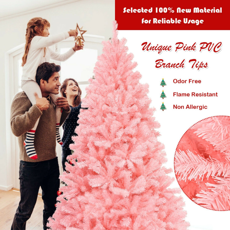 6 Feet Pink Artificial Hinged Spruce Full Christmas Tree with Foldable Metal StandCostway Gallery View 3 of 12