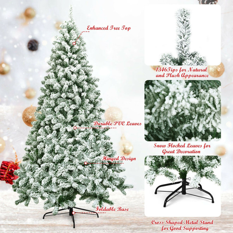 7.5 Feet Snow Flocked Artificial Christmas Tree Hinged with 1346 Tip and Foldable BaseCostway Gallery View 10 of 10