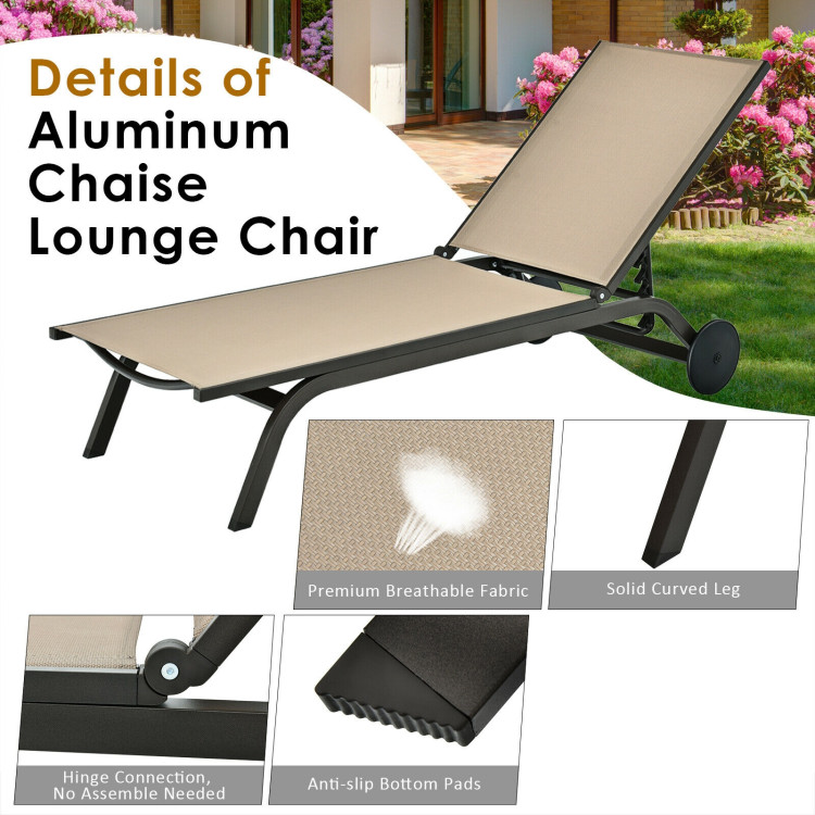 Aluminum Fabric Outdoor Patio Lounge Chair with Adjustable Reclining -BrownCostway Gallery View 6 of 11