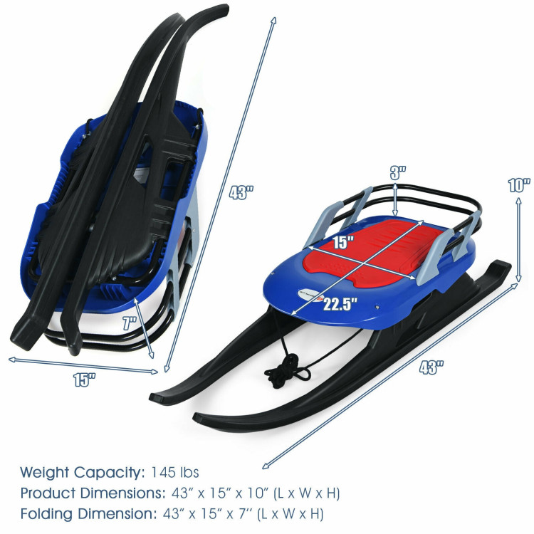 Folding Kids' Metal Snow Sled with Pull Rope Snow Slider and Leather SeatCostway Gallery View 5 of 10