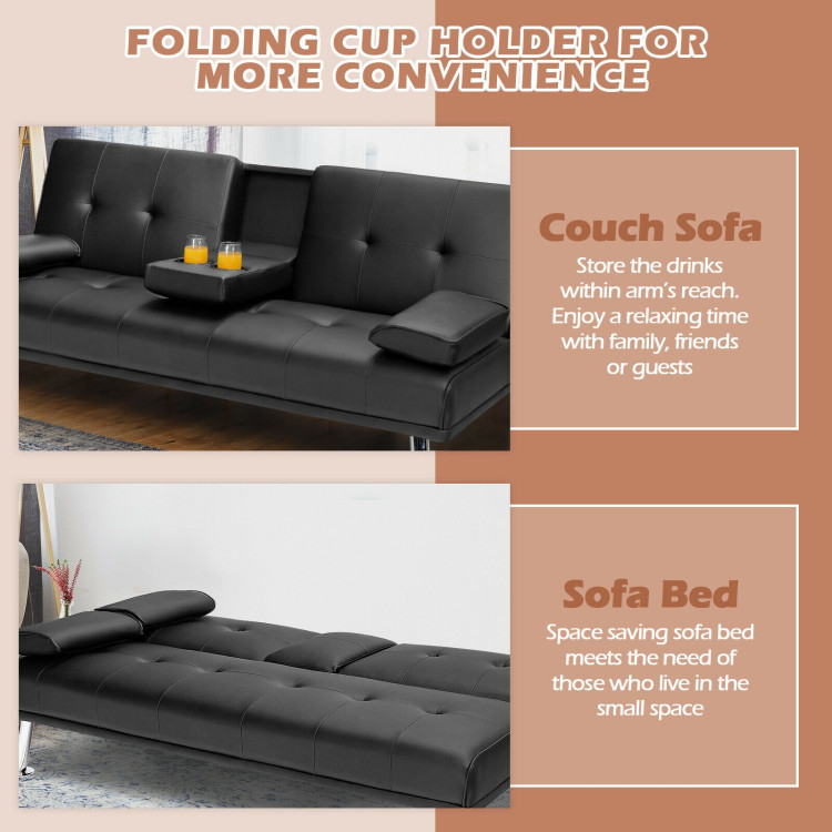 Convertible Folding Leather Futon Sofa with Cup Holders and Armrests-BlackCostway Gallery View 7 of 12