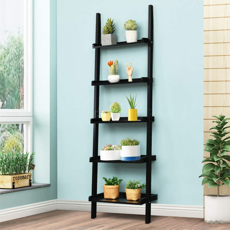  5-Tier Wall-leaning Ladder Shelf  Display Rack for Plants and Books-BlackCostway Gallery View 7 of 12