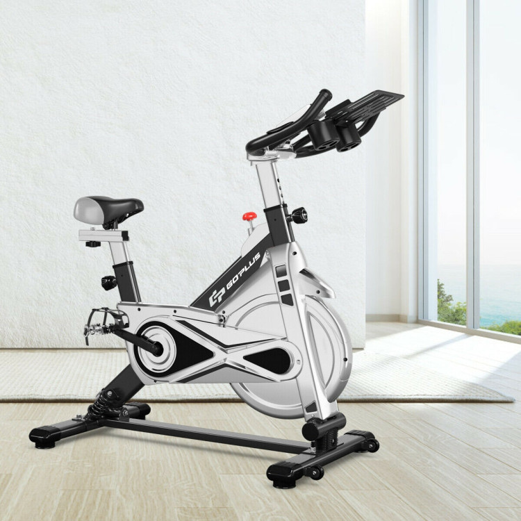 Stationary Silent Belt Adjustable Exercise Bike with Phone Holder and Electronic Display-BlackCostway Gallery View 1 of 9