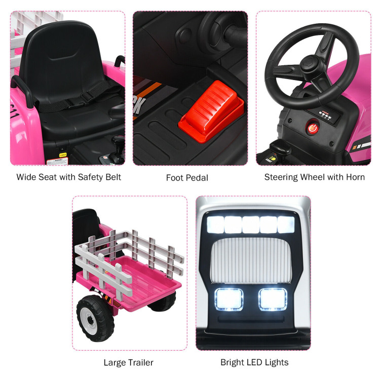12V Ride on Tractor with 3-Gear-Shift Ground Loader for Kids 3+ Years Old-PinkCostway Gallery View 10 of 11