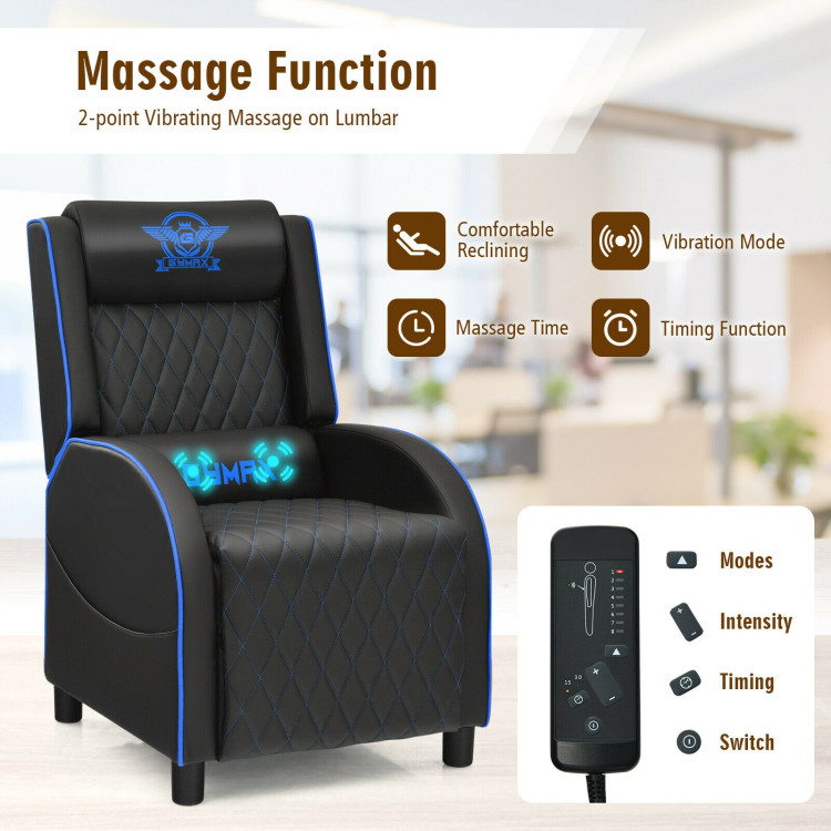 Massage Gaming Recliner Chair with Headrest and Adjustable Backrest for Home Theater-BlueCostway Gallery View 11 of 12