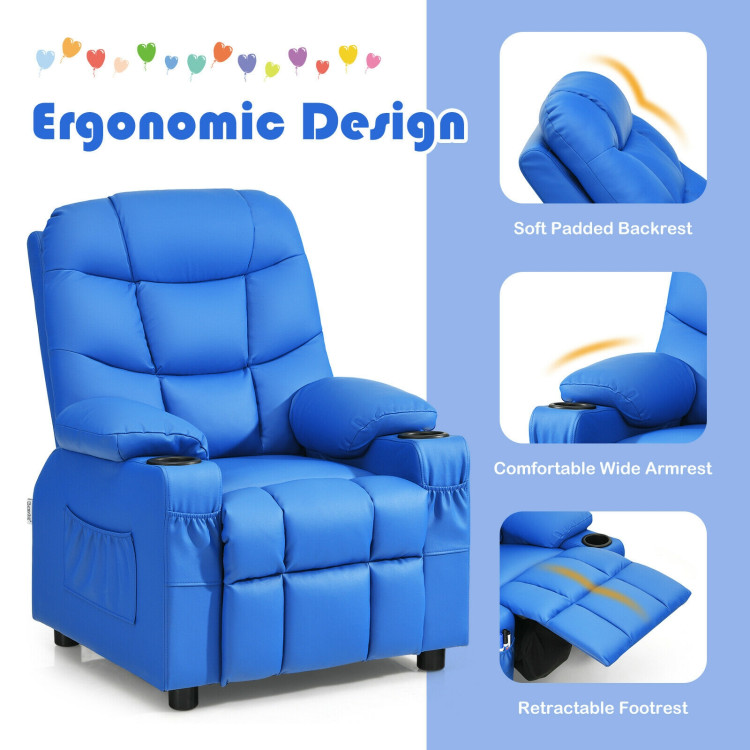 PU Leather Kids Recliner Chair with Cup Holders and Side Pockets-BlueCostway Gallery View 11 of 12