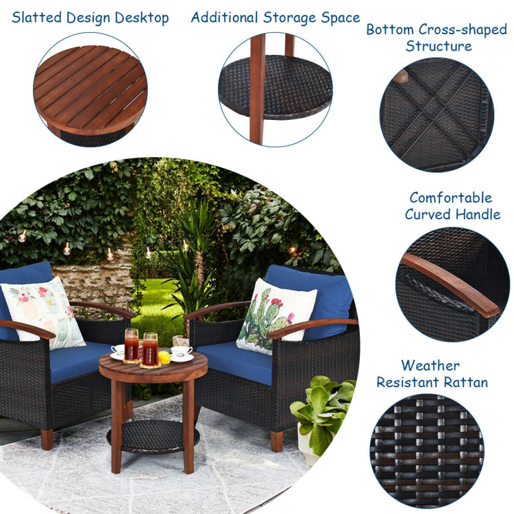 3 Pieces Patio Rattan Furniture Set with Washable Cushion and Acacia Wood Tabletop-BlueCostway Gallery View 5 of 11