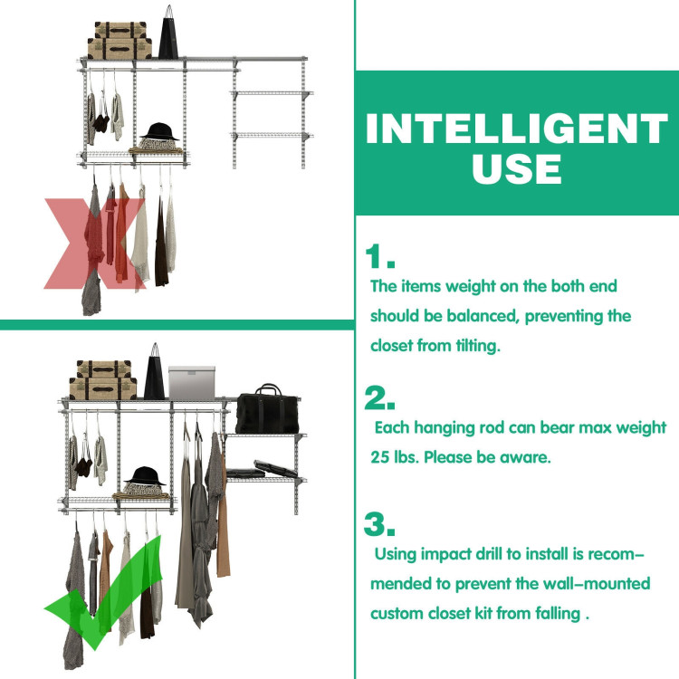 3 to 6 Feet Wall-Mounted Closet System Organizer Kit with Hang Rod-GrayCostway Gallery View 12 of 12
