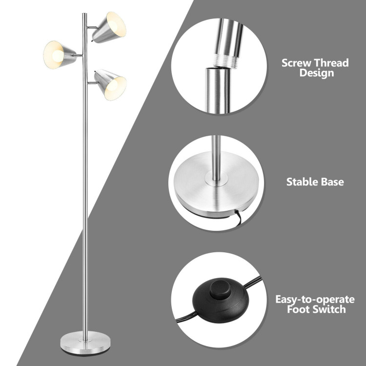 64 Inch 3-Light LED Floor Lamp Reading Light for Living Room Bedroom-SilverCostway Gallery View 11 of 11