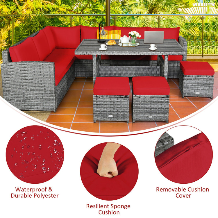 7 Pieces Patio Rattan Dining Furniture Sectional Sofa Set with Wicker Ottoman-RedCostway Gallery View 2 of 11