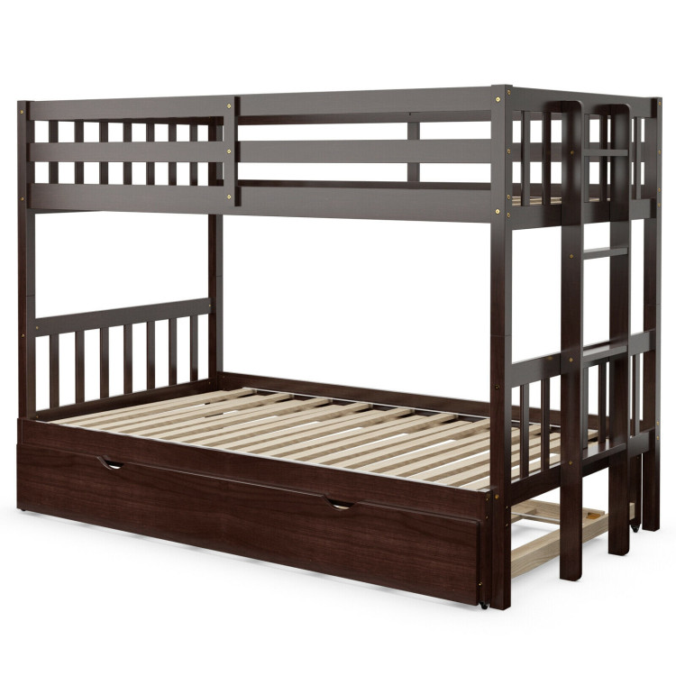 Twin Pull-Out Bunk Bed with Trundle Wooden Ladder-EspressoCostway Gallery View 8 of 11