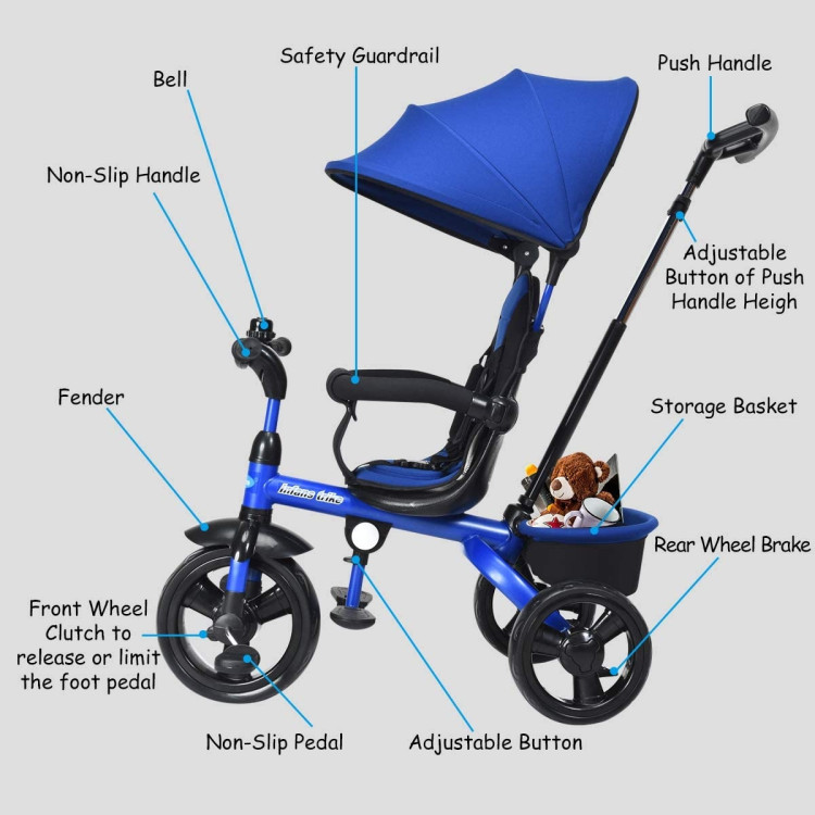 4-in-1 Kids Tricycle with Adjustable Push Handle-BlueCostway Gallery View 7 of 9